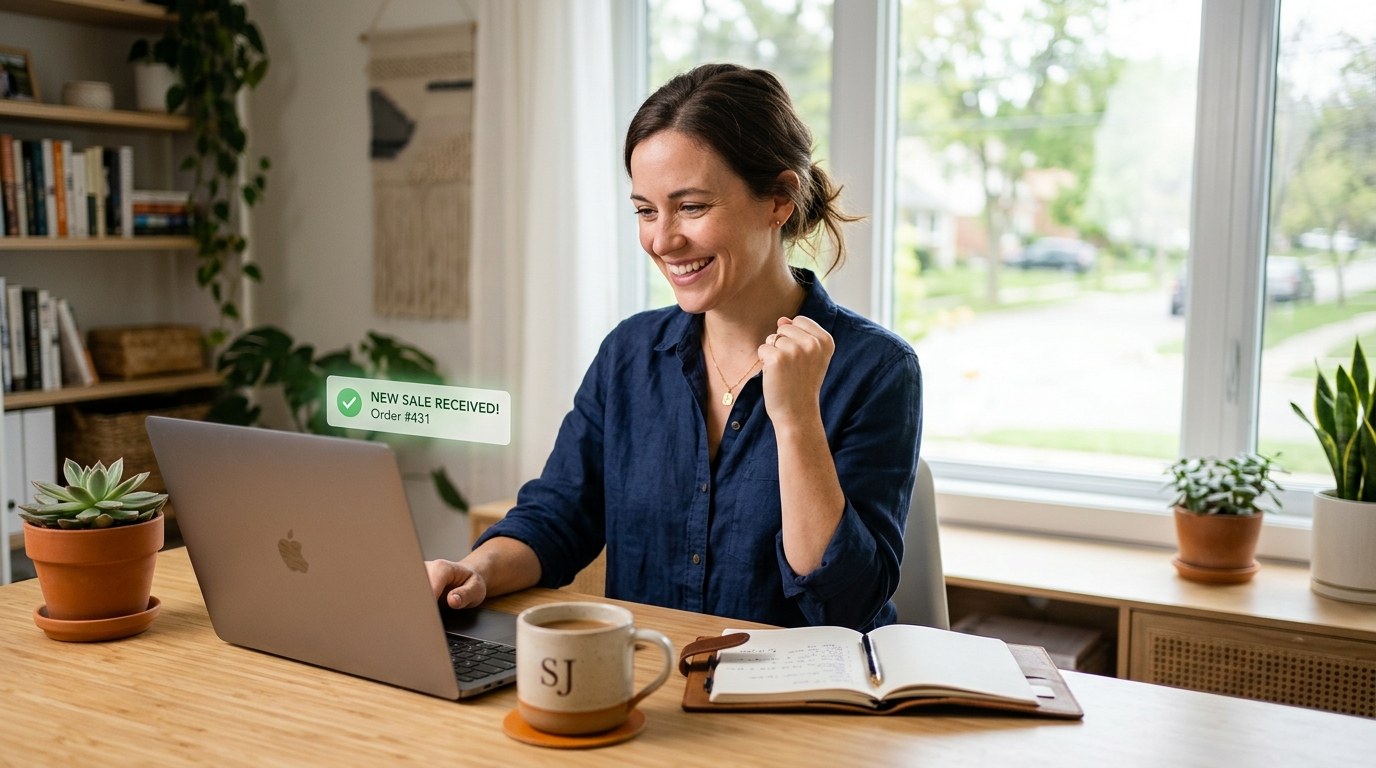 A small business owner celebrating a new sale at a laptop